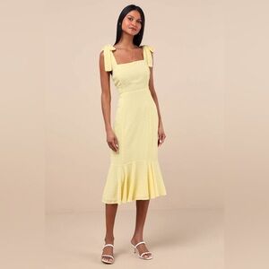 NWT Lulus Bimini Light Yellow Swiss Dot Tie-Strap Midi Dress Size Large
